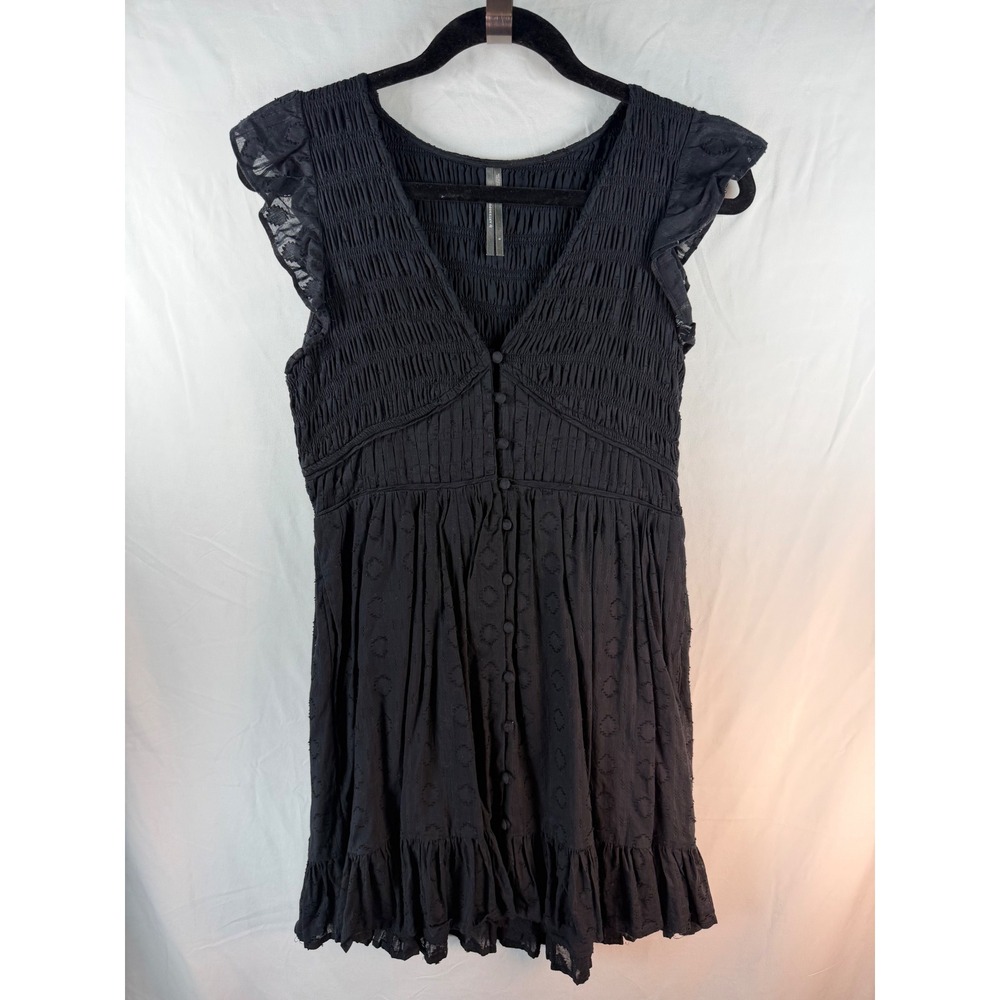 Anthropologie Black Smocked Button Front Mini Dress Cotton Cap Sleeve Boho